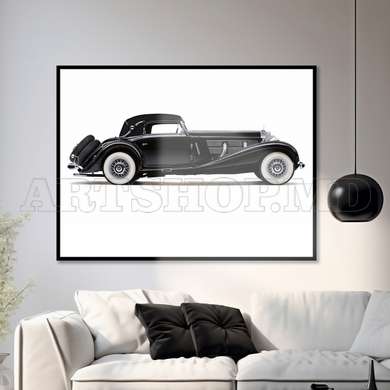 Poster - Black Retro Mercedes on a white background, 90 x 60 см, Framed poster on glass, Transport