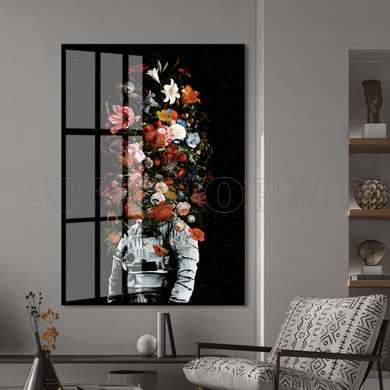 Poster - Cosmonaut with a bouquet of flowers, 60 x 90 см, Framed poster on glass, Abstract