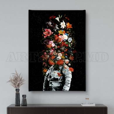 Poster - Cosmonaut with a bouquet of flowers, 60 x 90 см, Framed poster, Abstract