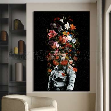 Poster - Cosmonaut with a bouquet of flowers, 60 x 90 см, Framed poster on glass, Abstract