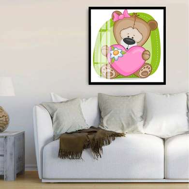 Постер - Медвежонок с сердечком, 40 x 40 см, Холст на подрамнике, Для Детей