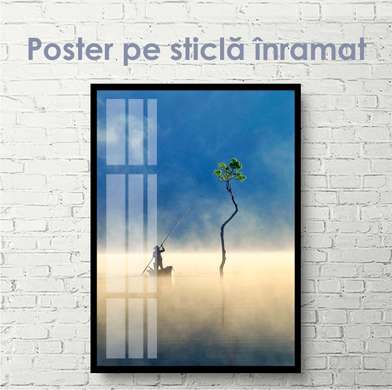 Постер - Человек плывет на лодке, 45 x 90 см, Постер на Стекле в раме, Природа