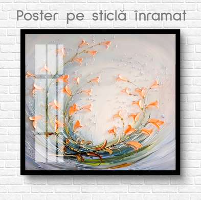 Постер - Оранжевые цветы на сером фоне, 100 x 100 см, Постер на Стекле в раме, Цветы