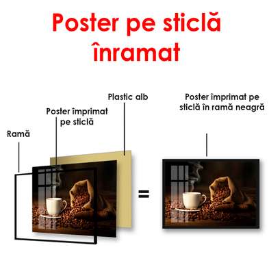 Poster - Cup of coffee with a bag of coffee on the table, 90 x 60 см, Framed poster