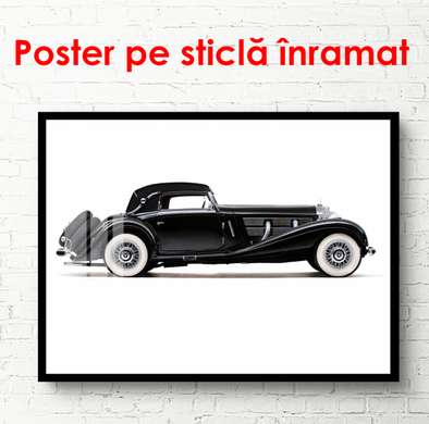 Постер - Черный Ретро Мерседес на белом фоне, 90 x 60 см, Постер в раме, Транспорт