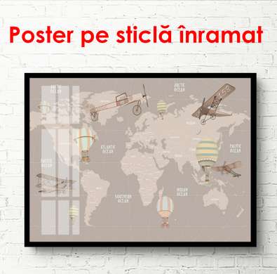 Poster - Harta lumii cu avioane și baloane cu aer, 45 x 30 см, Panza pe cadru