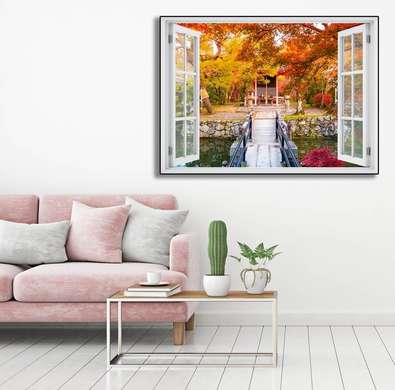 Wall Sticker - 3D window with a view of a house in the forest, Window imitation