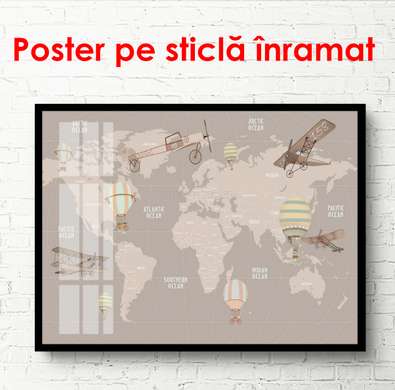 Poster - Harta lumii cu avioane și baloane cu aer, 90 x 60 см, Poster inramat pe sticla, Orașe și Hărți