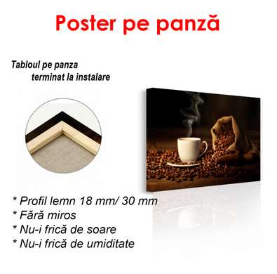 Постер - Чашка кофе с мешочком кофе на столе, 90 x 60 см, Постер в раме, Еда и Напитки
