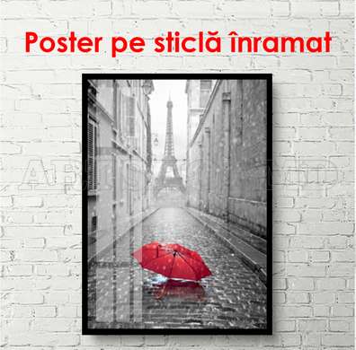 Постер - Красный зонт в черно белом Париже, 45 x 90 см, Постер в раме, Черно Белые