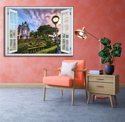 Wall Sticker - 3D window with a view of the labyrinth castle, Window imitation