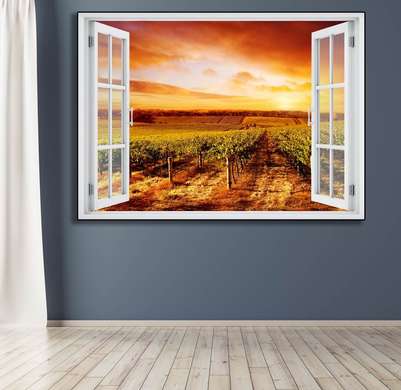 Stickere pentru pereți - Fereastra 3D cu vedere spre o livadă la apus de soare, Imitarea Ferestrei, 130 х 85