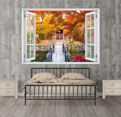 Наклейка на стену - 3D-окно с видом на дом в лесу, Имитация окна, 130 х 85