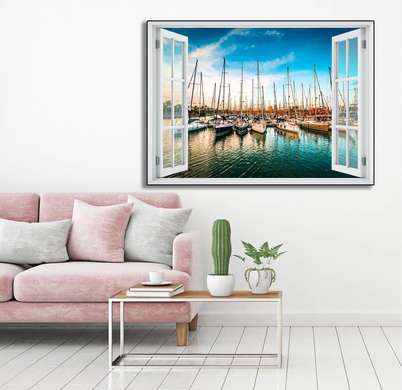 Наклейка на стену - 3D-окно с видом на переполненный порт с лодками, Имитация окна, 130 х 85