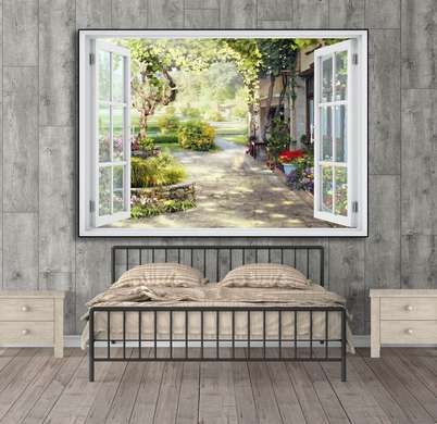 Наклейка на стену - 3D-окно с видом на прекрасный дом, Имитация окна, 130 х 85