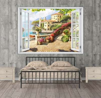 Stickere pentru pereți - Fereastra 3D cu vedere spre un oraș de pe malul mării, Imitarea Ferestrei, 130 х 85