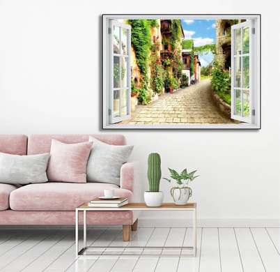 Wall Sticker - 3D window overlooking the courtyard with flowers, Window imitation