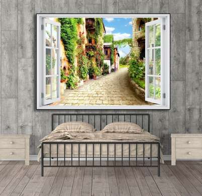 Наклейка на стену - 3D-окно с видом на внутренний двор с цветами, Имитация окна, 130 х 85