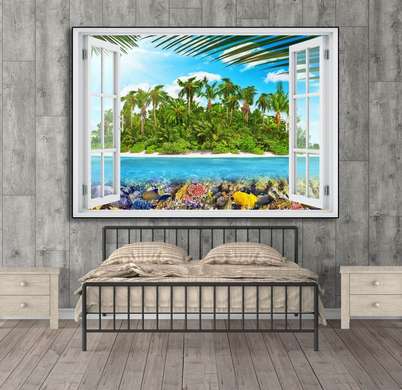 Наклейка на стену - Окно с видом на морской пейзаж, Имитация окна, 130 х 85