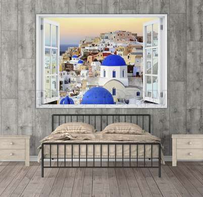 Наклейка на стену - 3D-окно с видом на белый город, Имитация окна, 130 х 85