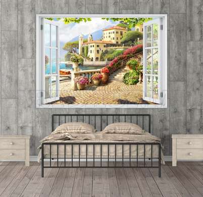 Наклейка на стену - 3D-окно с видом на приморский город, Имитация окна, 70 х 50