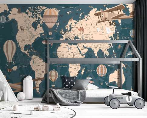 Nursery Wall Mural - World map with retro aviation