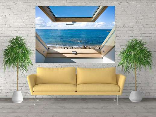 Наклейка на стену - Вид из окна с видом на море, Имитация окна, 130 х 85