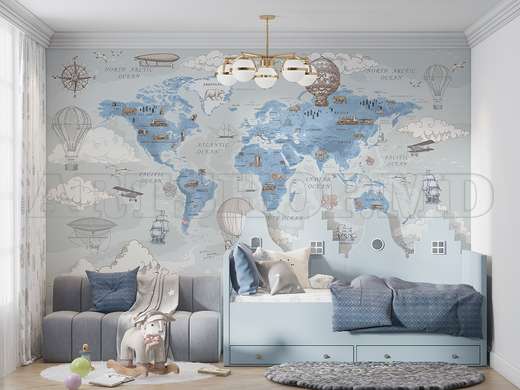 Wall Mural - World map vintage style, blue gray colors, in English