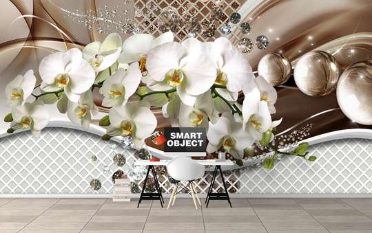 Fototapet - Orhidee albe și pietre prețioase pe fundal 3D