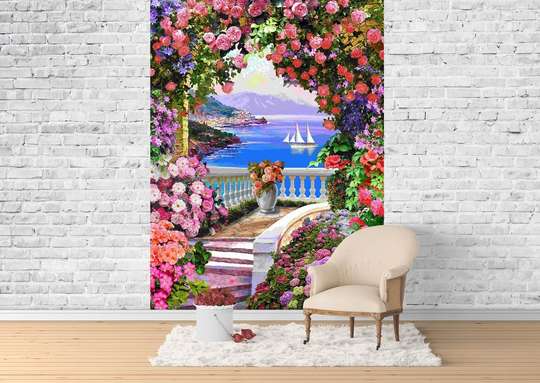 Photo wallpaper with floral arched balcony.