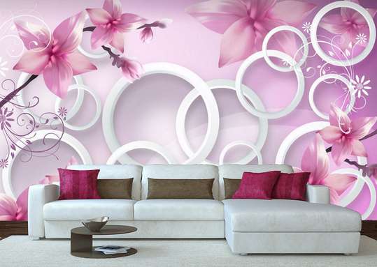 3D Wallpaper - Pink flowers and white circles.