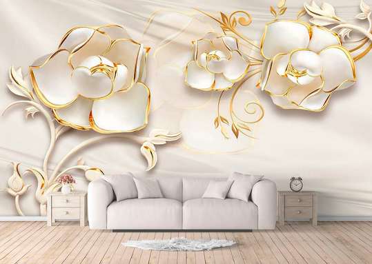 Wall Mural - White flowers and golden patterns