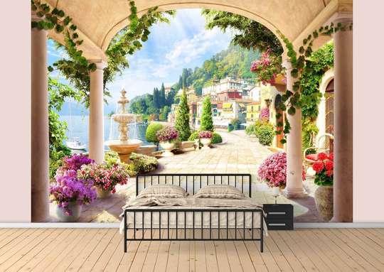 Фотообои - Арочный балкон с цветами.
