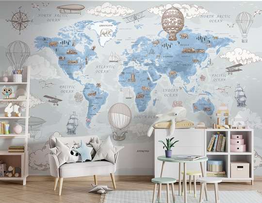 Wall Mural - World map vintage style, blue gray colors, in English
