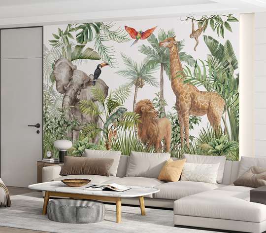 Wall mural - Safari animals in the jungle and exotic birds
