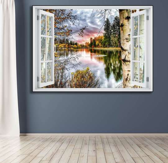 Wall Sticker - 3D window with park view in autumn, Window imitation