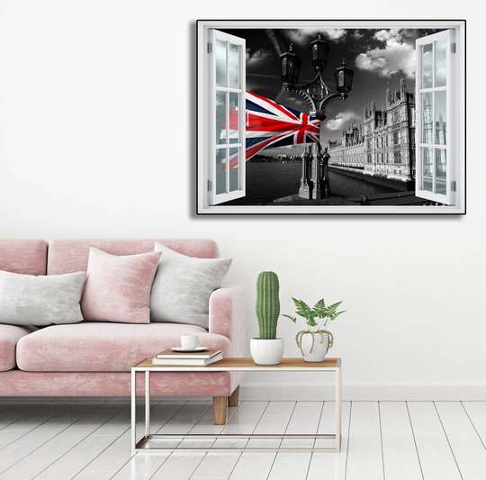 Stickere pentru pereți - Fereastra 3D cu vedere spre Marea Britanie, Imitarea Ferestrei, 130 х 85