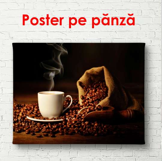 Poster - Cup of coffee with a bag of coffee on the table, 90 x 60 см, Framed poster