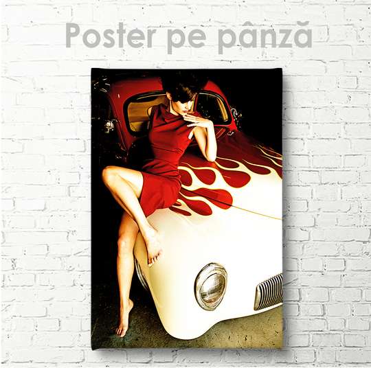 Poster - Lady în rochie roșie pe mașină vintage, 30 x 45 см, Panza pe cadru