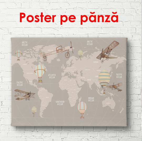 Poster - World map with airplanes and balloons, 45 x 30 см, Canvas on frame