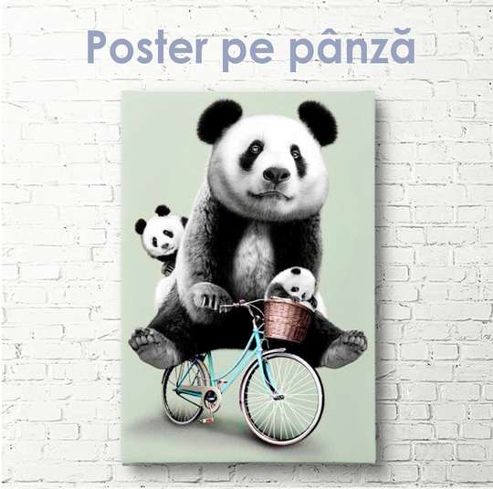 Постер, Милые панды на велосипеде, 40 x 120 см, Холст на подрамнике, Животные