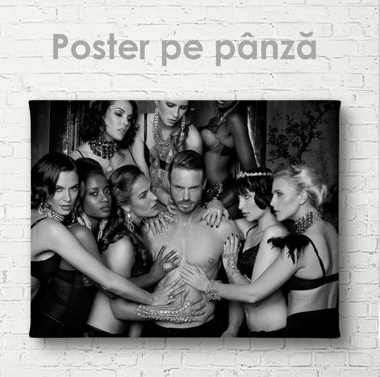 Постер - Девушки и мужчина, 45 x 30 см, Холст на подрамнике, Ню