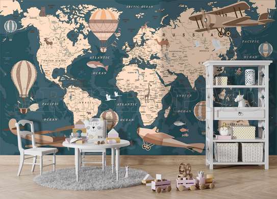 Nursery Wall Mural - World map with retro aviation