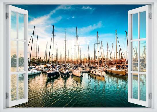 Wall Sticker - 3D window overlooking a crowded port with boats, Window imitation