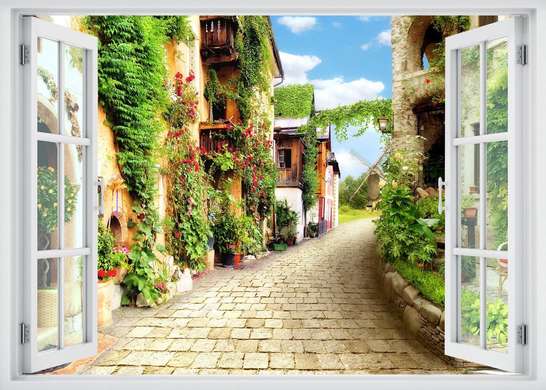 Wall Sticker - 3D window overlooking the courtyard with flowers, Window imitation