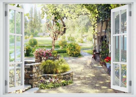 Наклейка на стену - 3D-окно с видом на зеленый двор, Имитация окна, 130 х 85