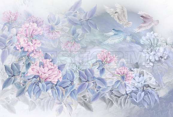 Фотообои - Розовые цветы с голубыми листьями