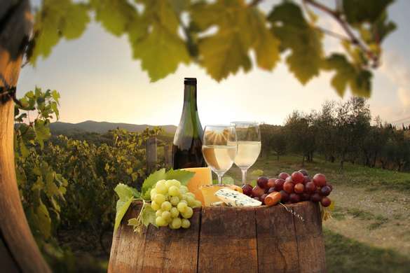Poster - A bottle of wine with cheese on barrels against the background of the park, 90 x 60 см, Framed poster, Food and Drinks