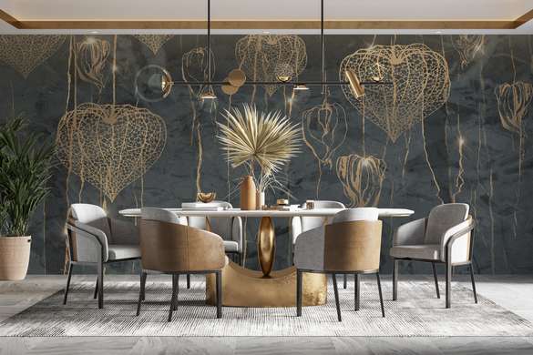 Wall Mural - Golden hearts on an abstract background