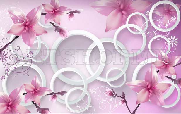 3D Wallpaper - Pink flowers and white circles.